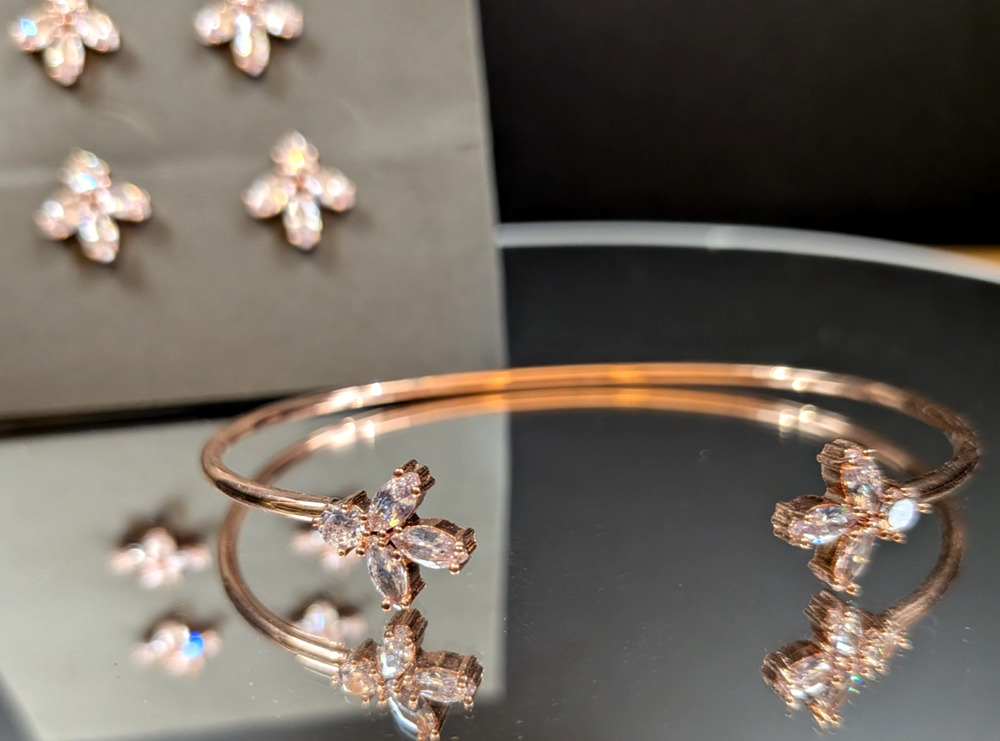 Rose Gold Bracelet & 2 Pair Stud Earrings Set Crystal Rhinestone Bridal Wedding